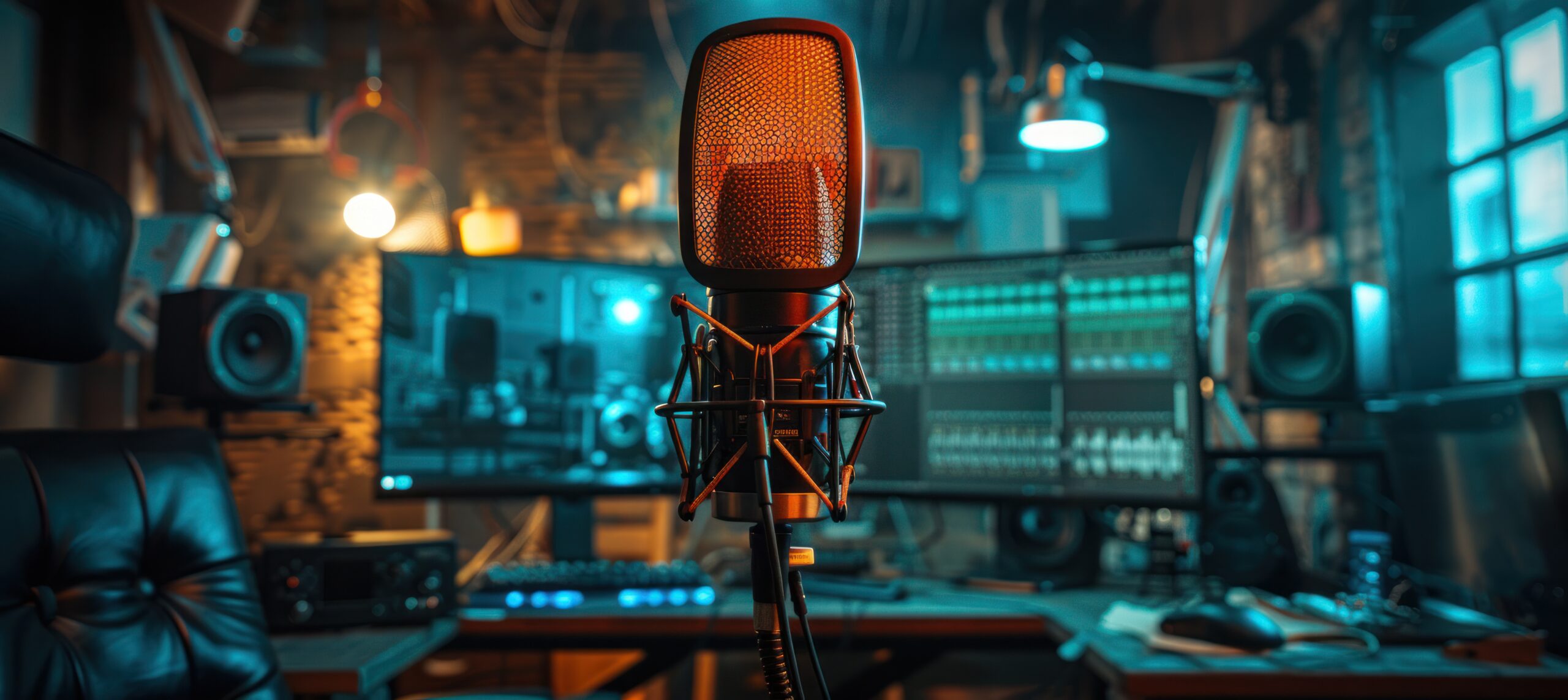 an orange microphone is in front of two different monitors